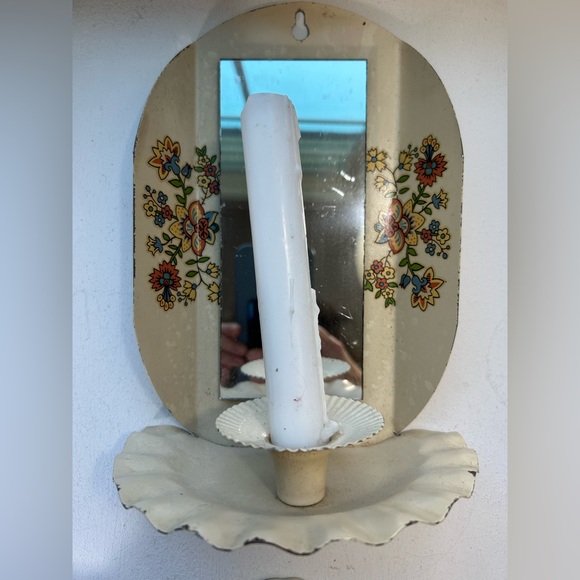 Vintage Candle Holder Lenox Cream Red Oval Mirror Floral Accents Cottagecore - Picture 2 of 7